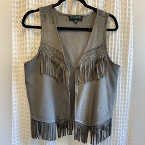 Faux Suede Fringe Vest - Gray -